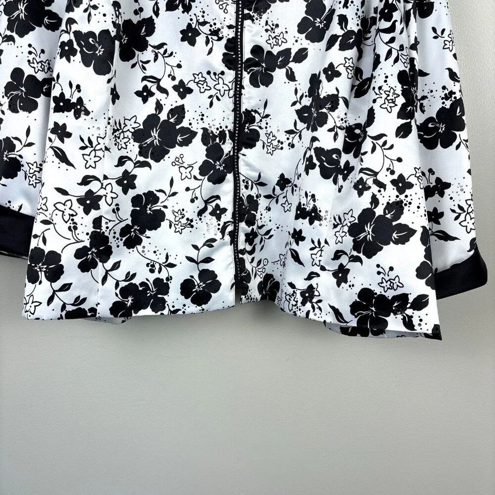 R&M Richards Woman Jacket 34W Black White Floral Zip-Up Sequins Special Occasion